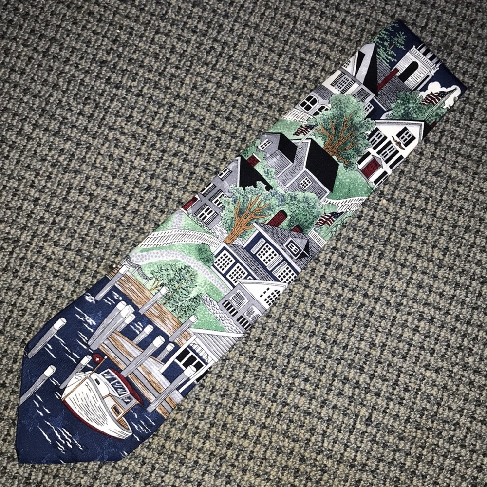 Van Heusen Americana Series New England‎ Village Harbor Boat Navy Blue Silk Tie